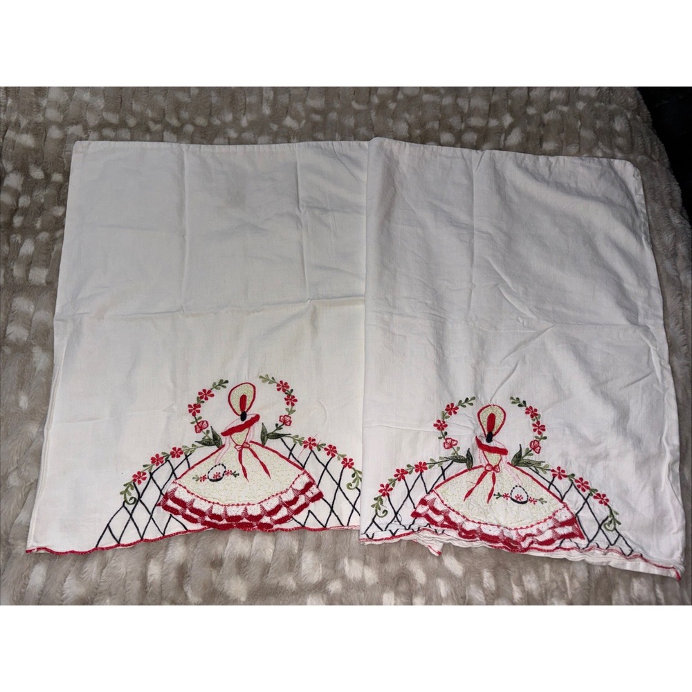 2 Vintage Southern Belle Hand Embroidered Crocheted Red Pillowcases Cottagecore